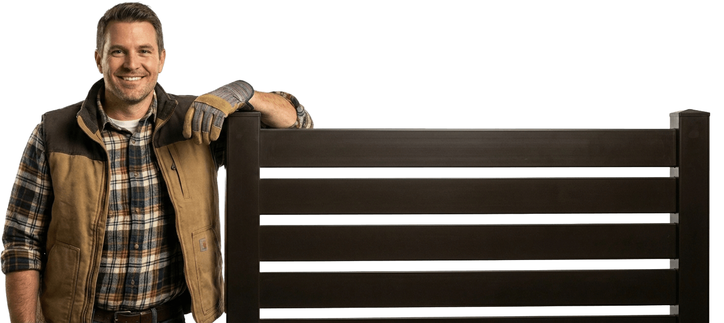 BLACKline HHP vinyl fence contractor standing next to black vinyl fence