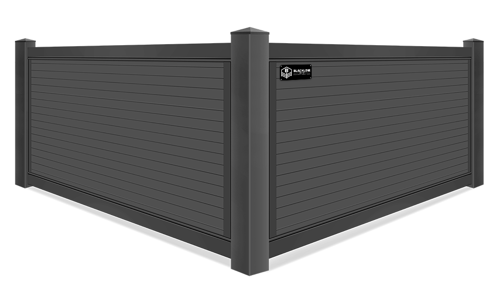 Detailed view of horizontal BLACKline HHP vinyl privacy fence
