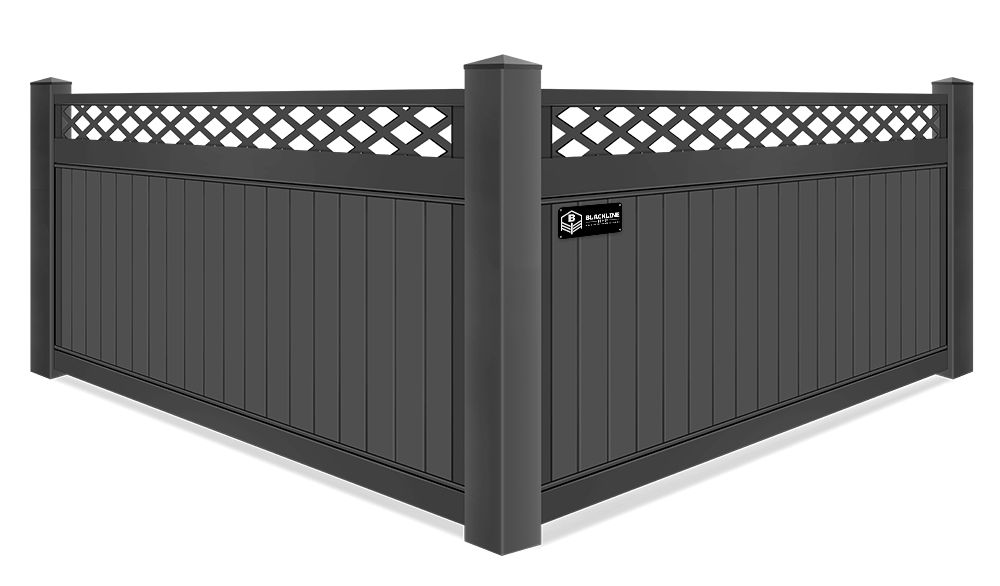 Detailed view of lattice top BLACKline HHP vinyl privacy fence