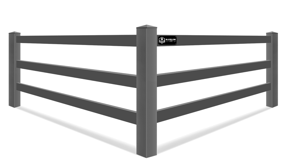 Detailed view of 3 rail BLACKline HHP vinyl fence