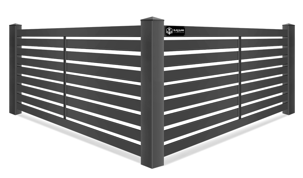 Detailed view of horizontal semi-privacy black vinyl privacy fence