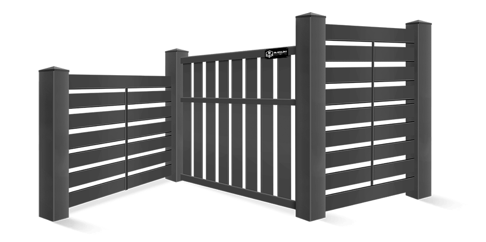 Detailed view of solid black semi-privacy vinyl fence