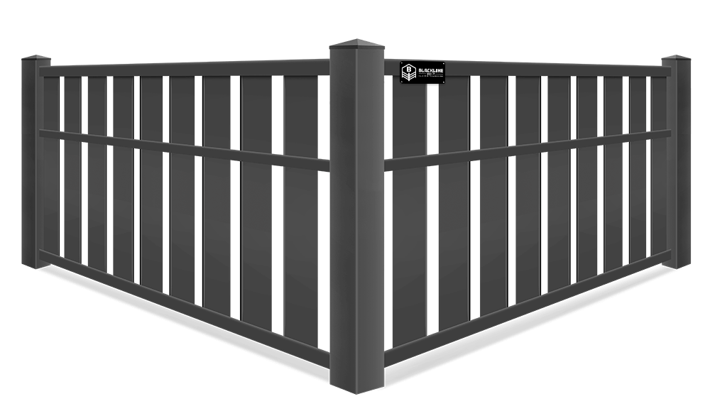 Detailed view of vertical semi-privacy BLACKline HHP vinyl privacy fence