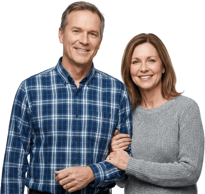 Happy married couple who just bought a black vinyl fence