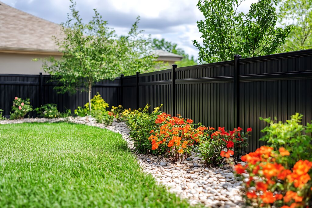 Backyard fence with landscaping, flowers, and home