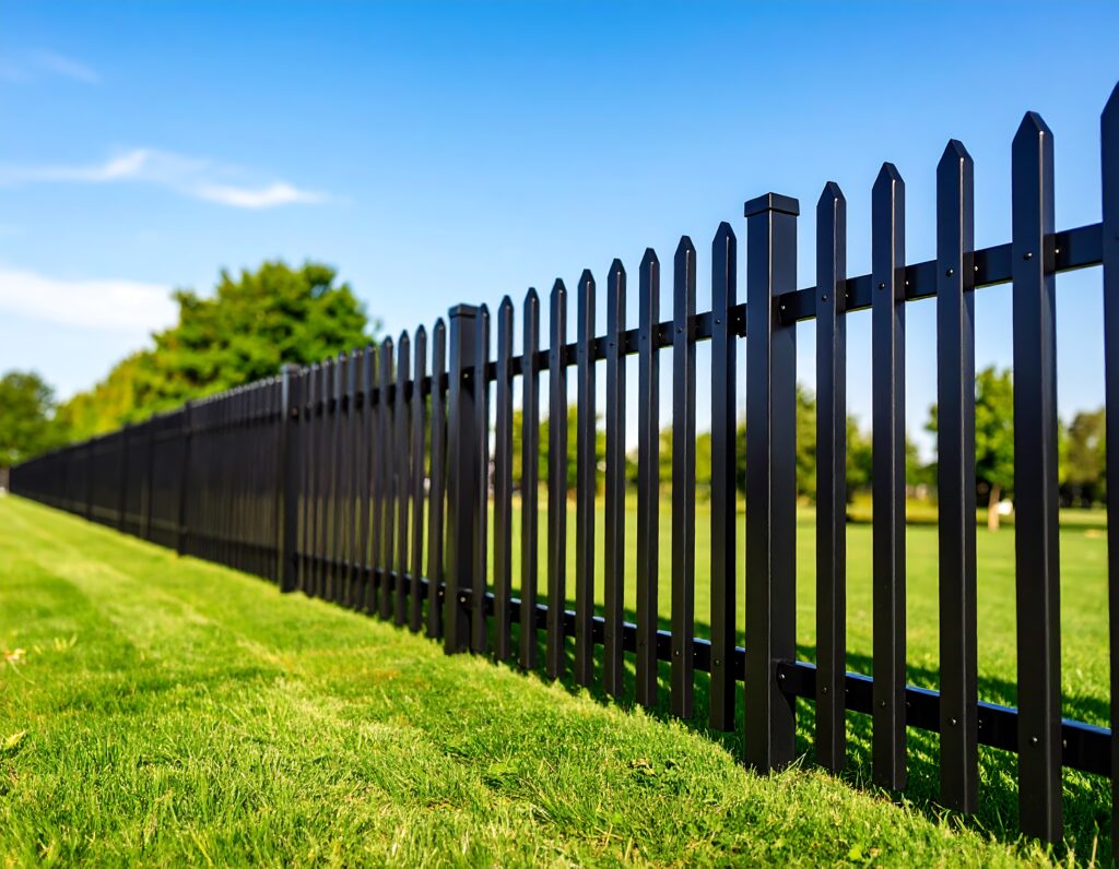 Modern black fence along a vibrant green lawn under a bright blue sky.
